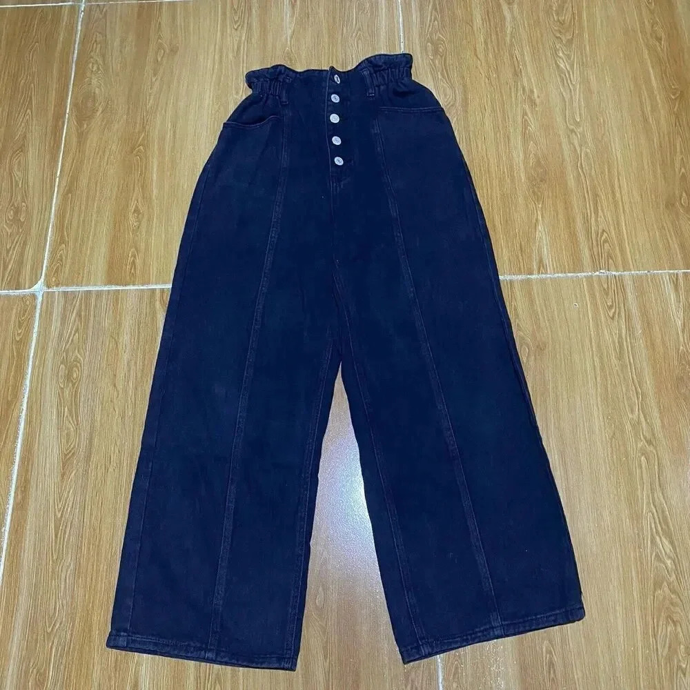 VTG Y2K High Waist Baggy Jeans 5 Buttons Stretch Waist Pocket Black Straight S/M